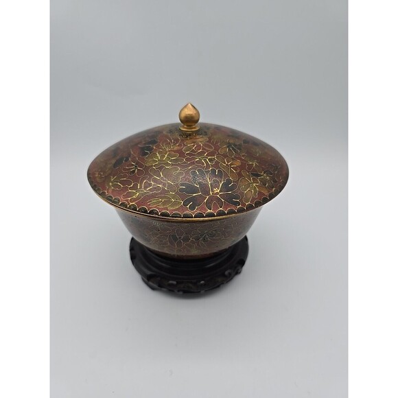 Vintage Chinese Cloisonne Covered Bowl on Wood Stand Enamel over Copper Floral - Picture 4 of 8